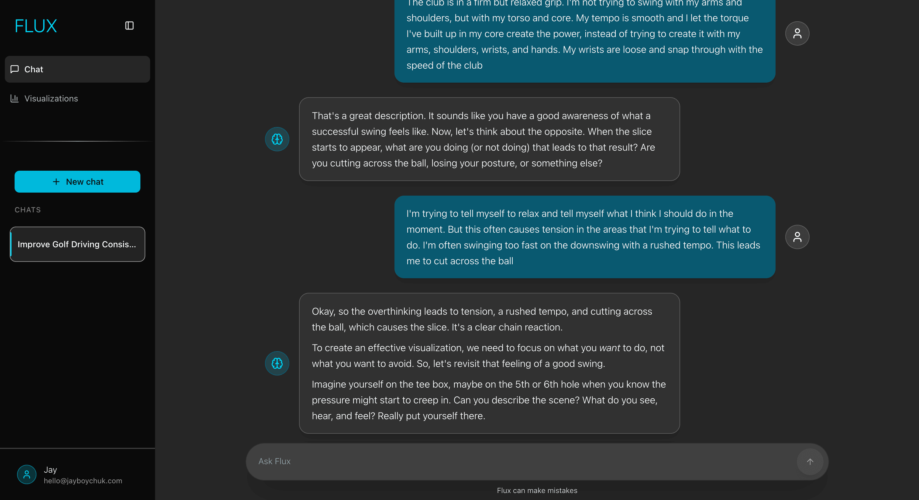 Step 1: Chat interface showing AI mental performance coaching conversation
